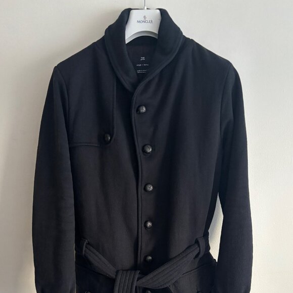 Wings + Horns Black Quilted Shawl Collar Belted Trench Coat - Medium/Large - Picture 1 of 16